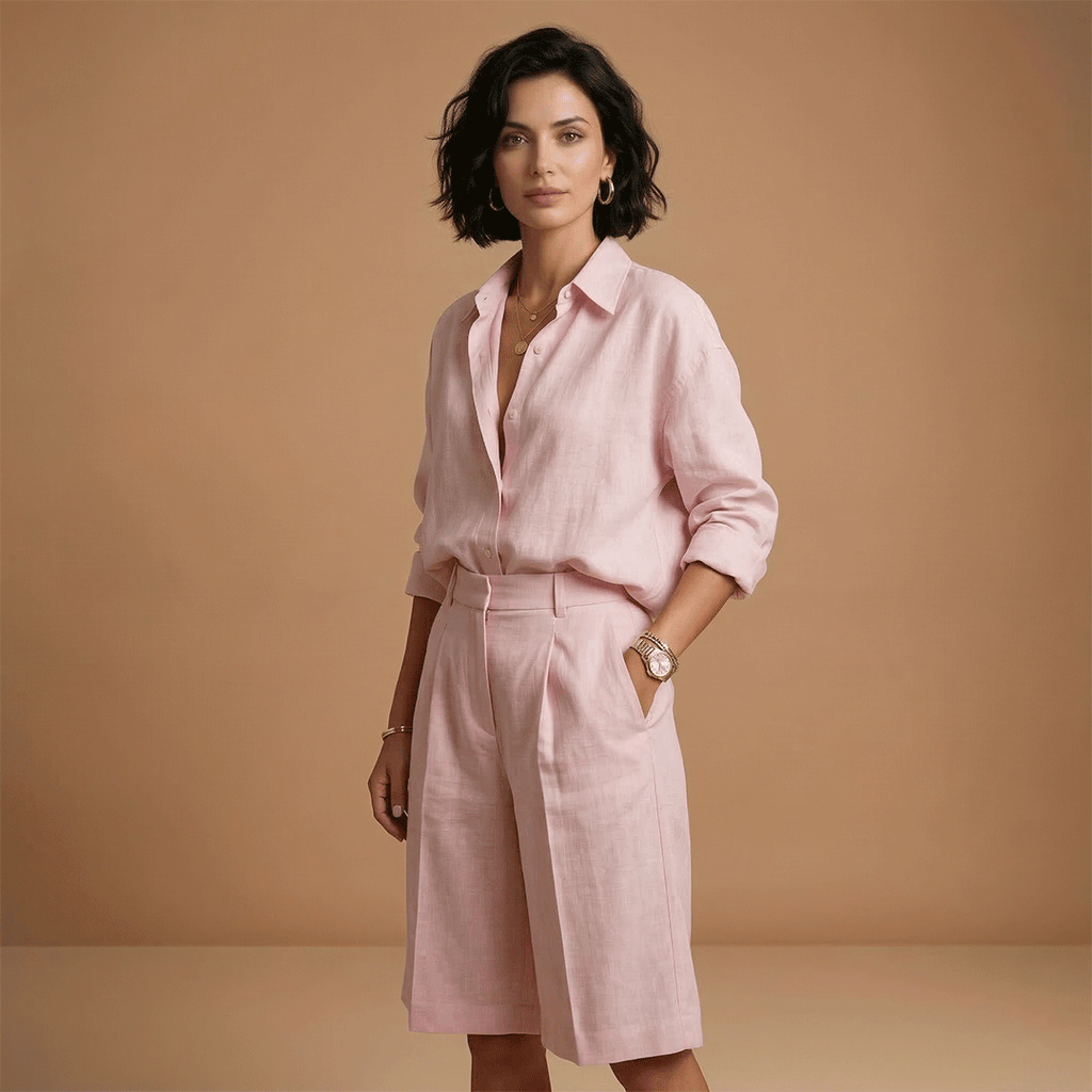 Women’s Shirt and Shorts Set with High‑Waist Pleated Shorts