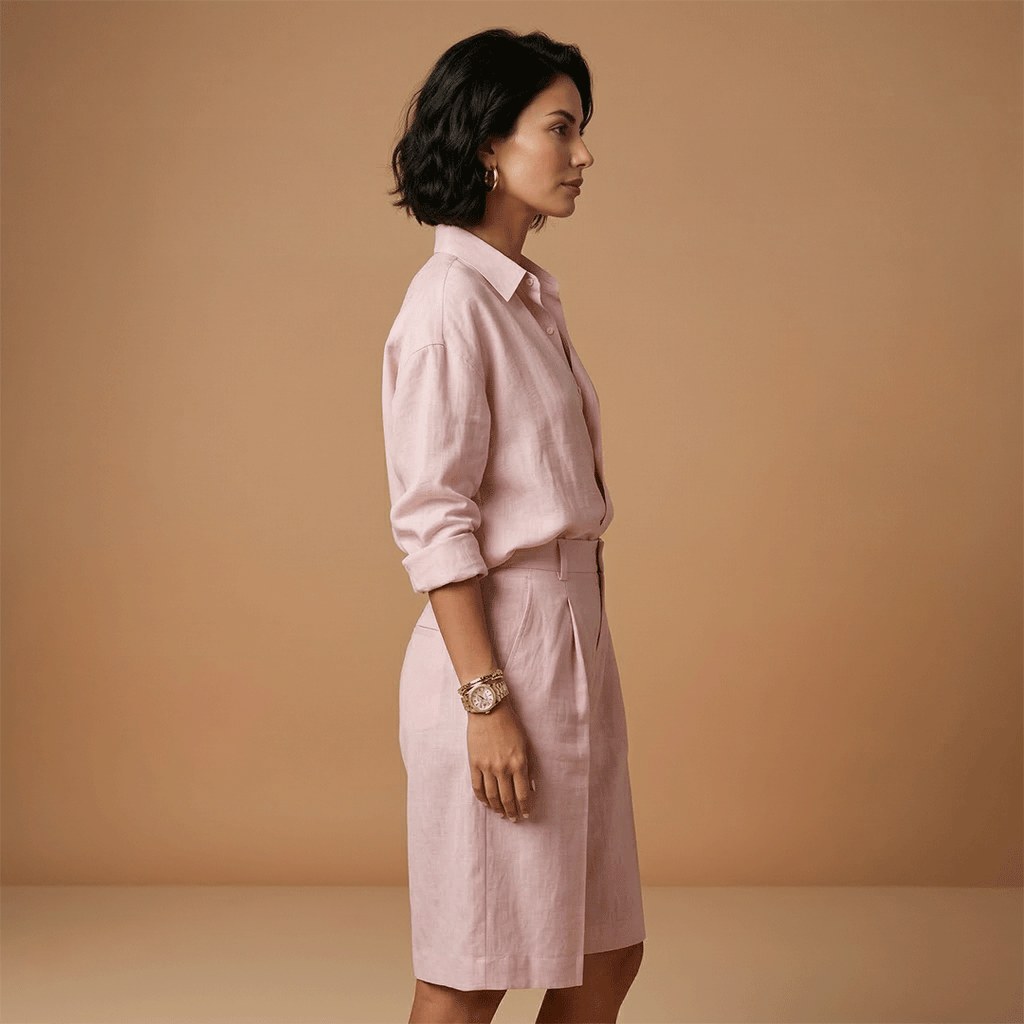 Women’s Shirt and Shorts Set with High‑Waist Pleated Shorts