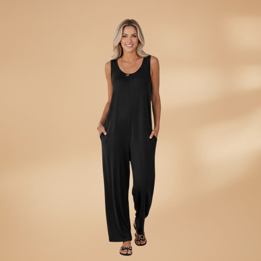 Women's Sleeveless Jumpsuit with Wide Legs and Side Pockets