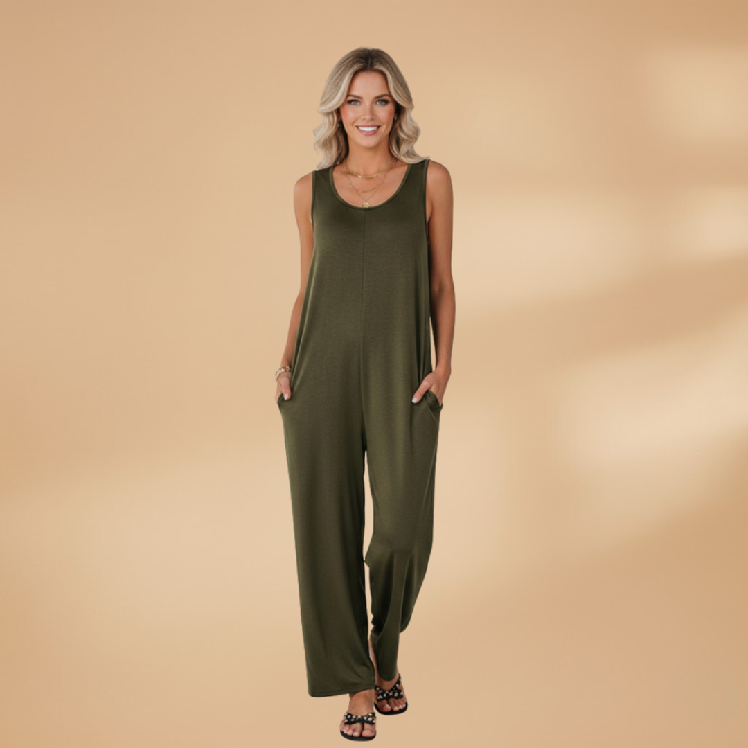 Women's Sleeveless Jumpsuit with Wide Legs and Side Pockets