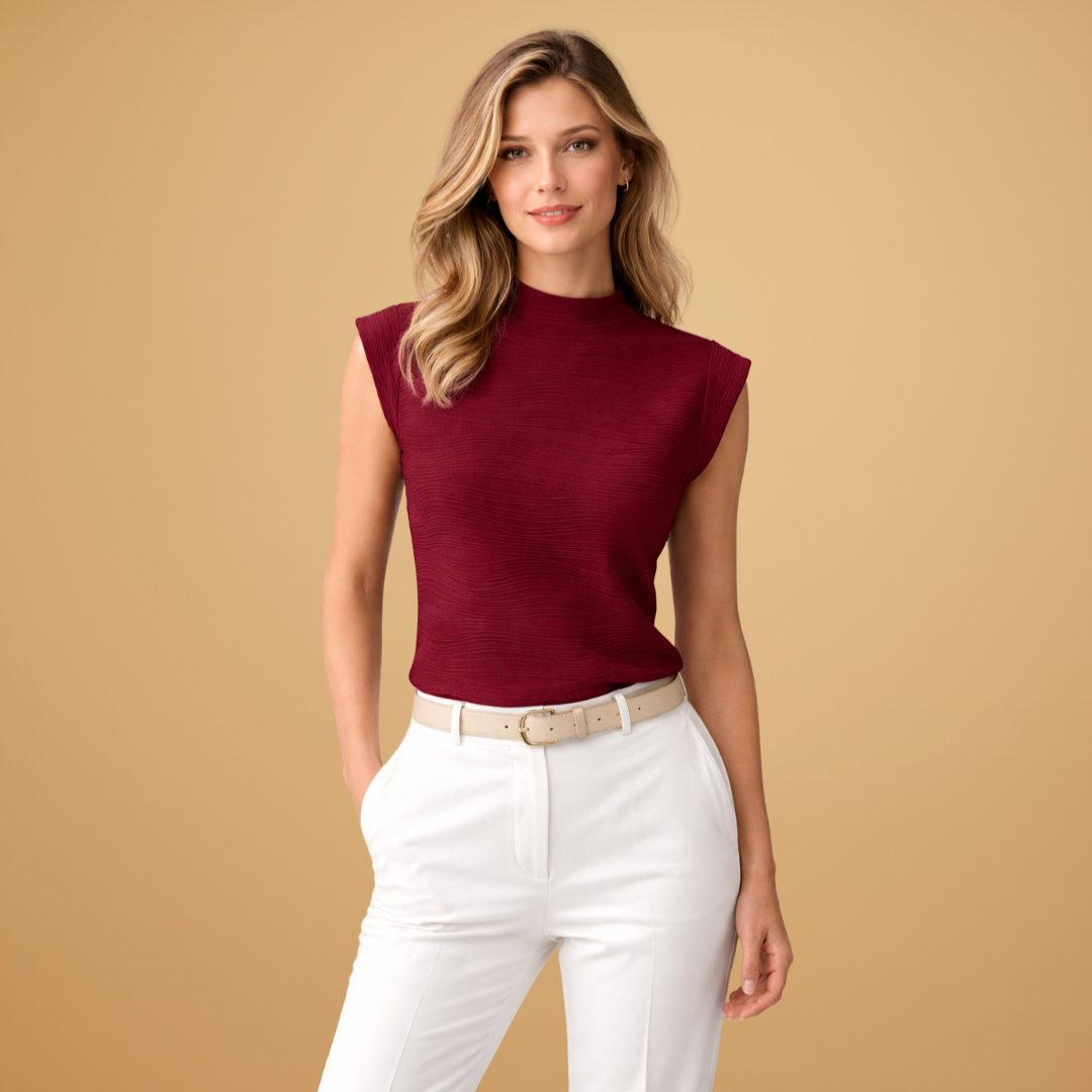 Women’s Sleeveless Top with High Collar and Textured Design