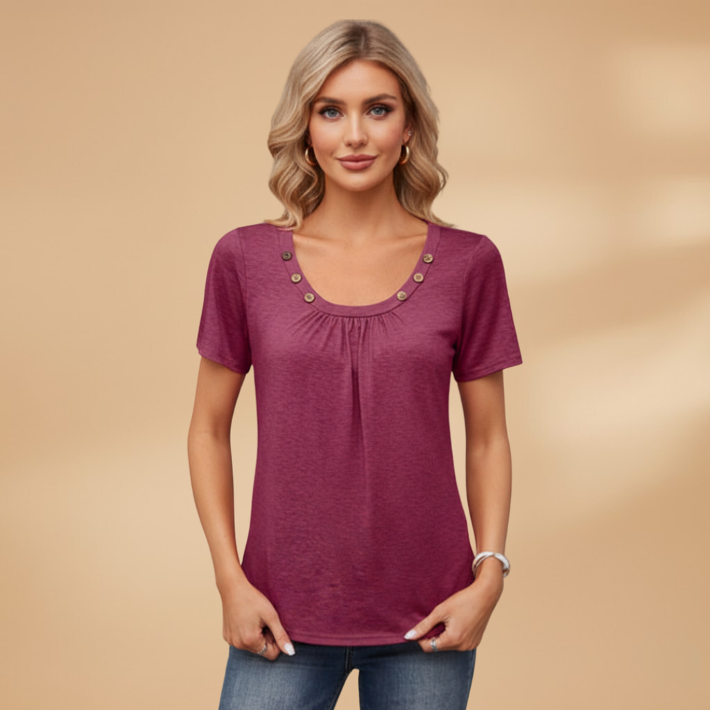 Women’s T-Shirt with Decorative Buttons and Round Neckline