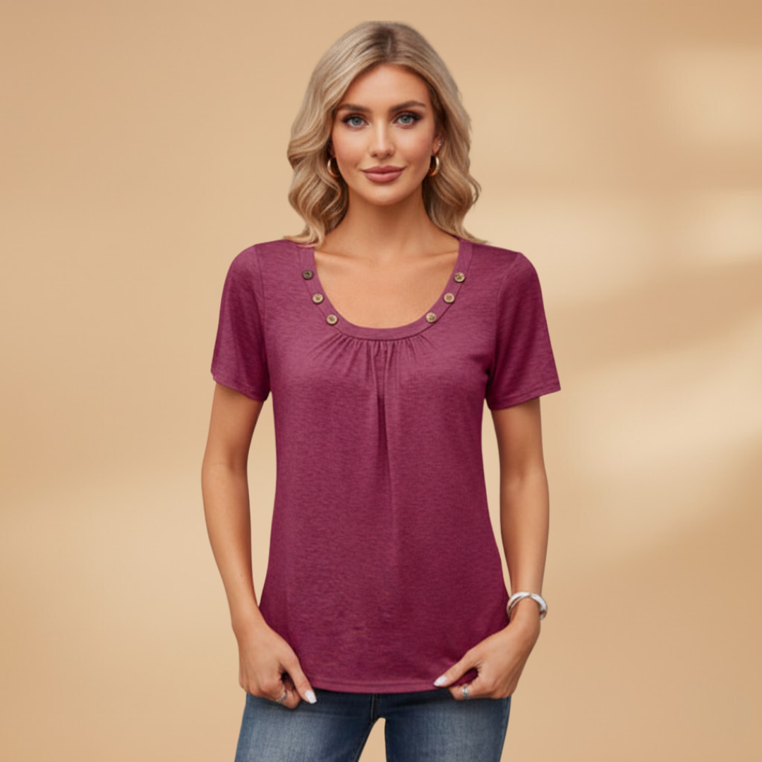 Women’s T-Shirt with Decorative Buttons and Round Neckline