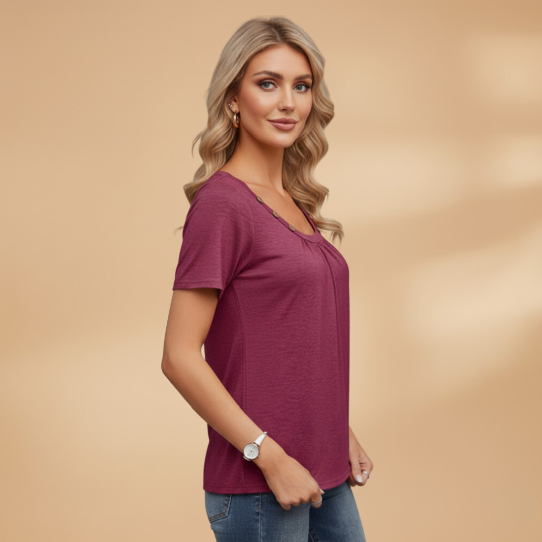 Women’s T-Shirt with Decorative Buttons and Round Neckline