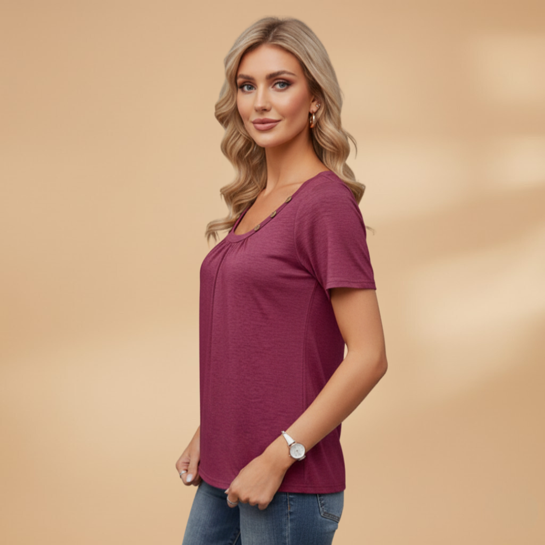 Women’s T-Shirt with Decorative Buttons and Round Neckline