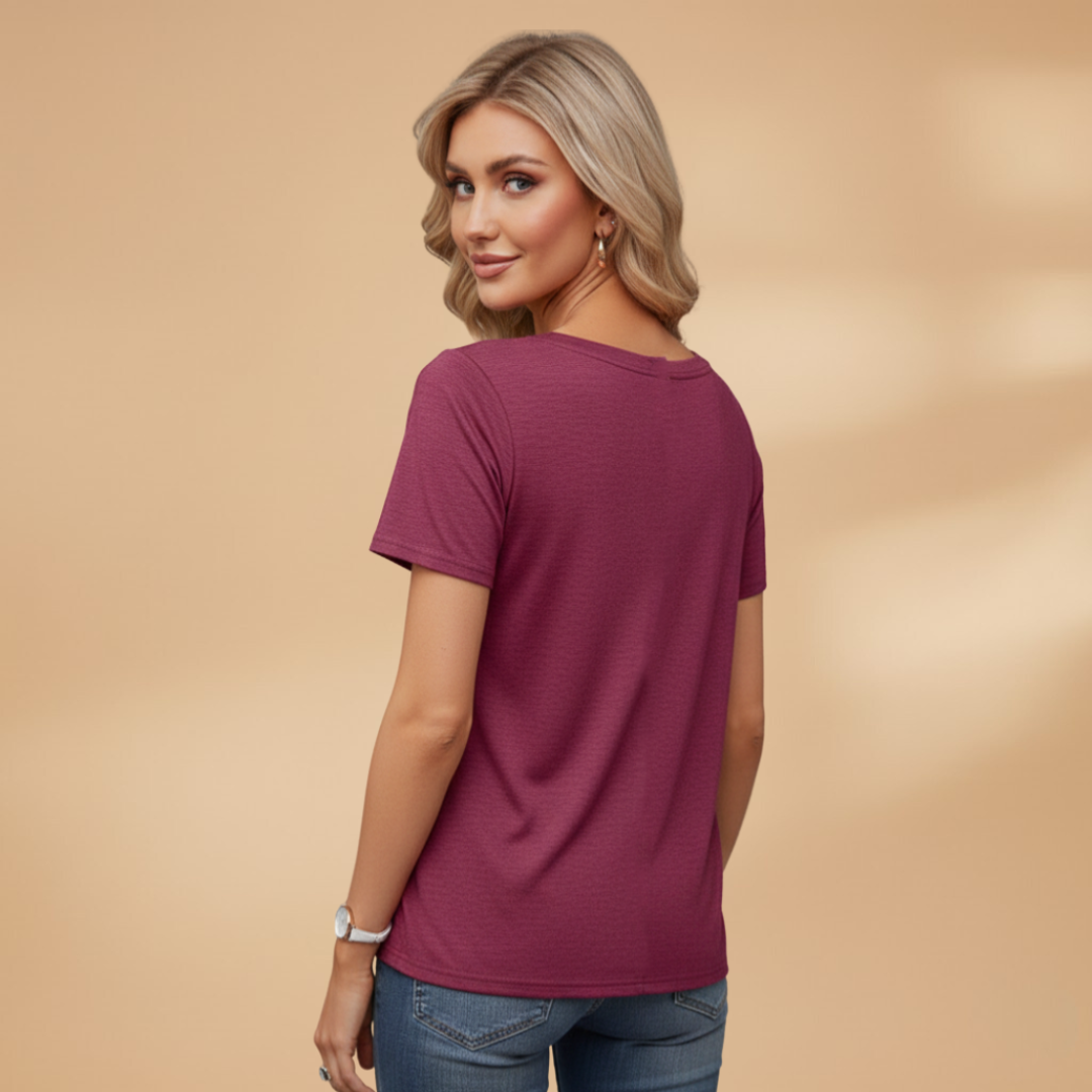 Women’s T-Shirt with Decorative Buttons and Round Neckline