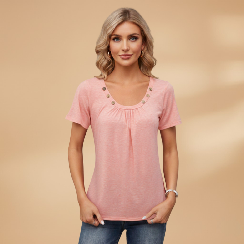 Women’s T-Shirt with Decorative Buttons and Round Neckline