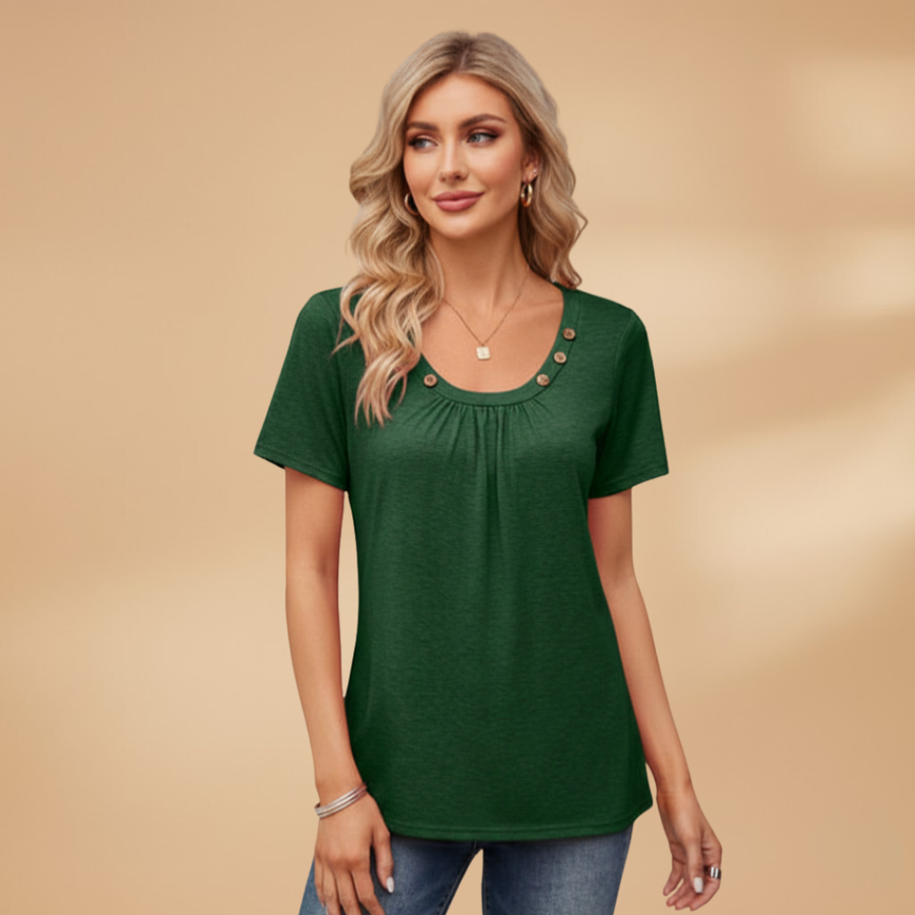 Women’s T-Shirt with Decorative Buttons and Round Neckline