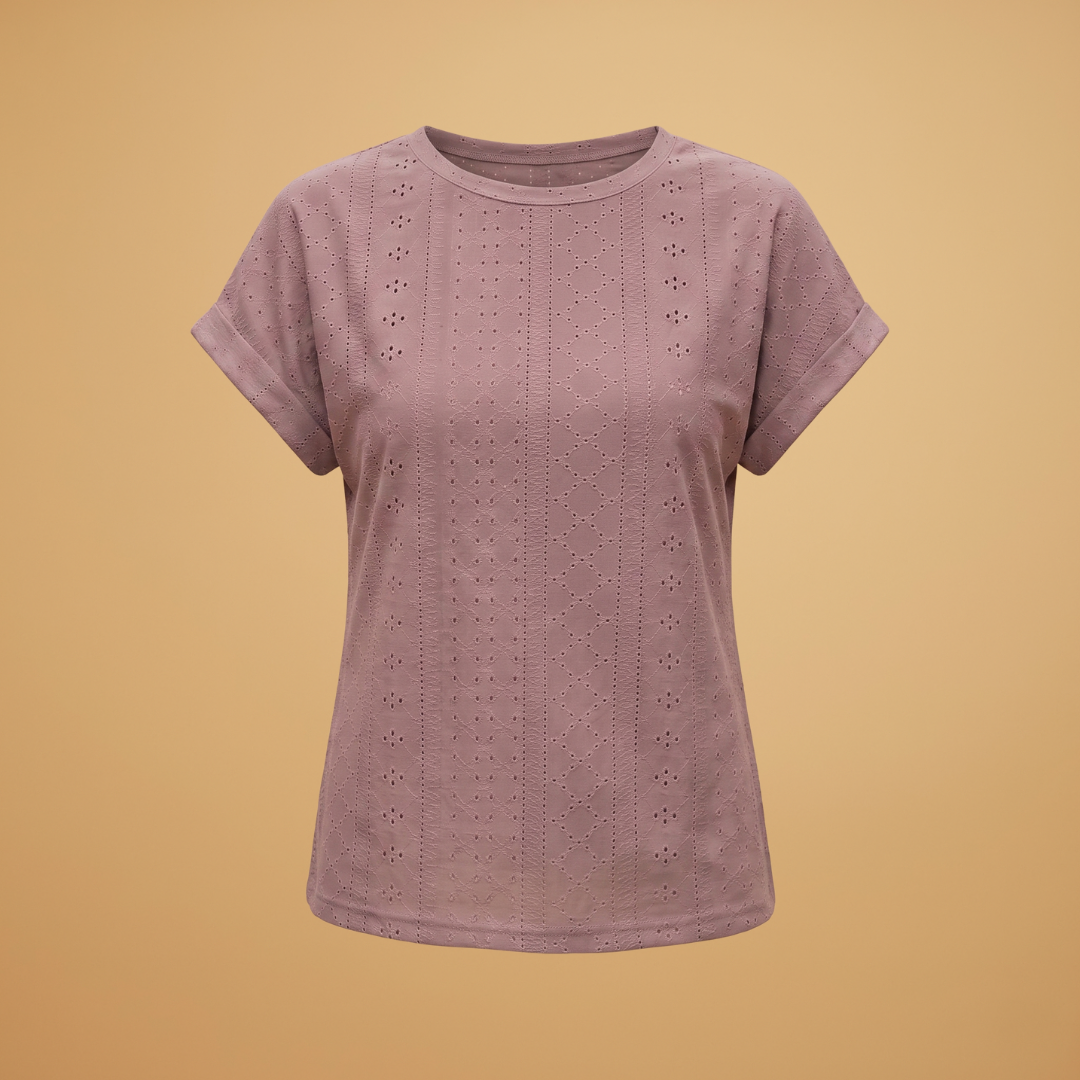 Women's T-Shirt with Eyelet Embroidery and Notched Neckline