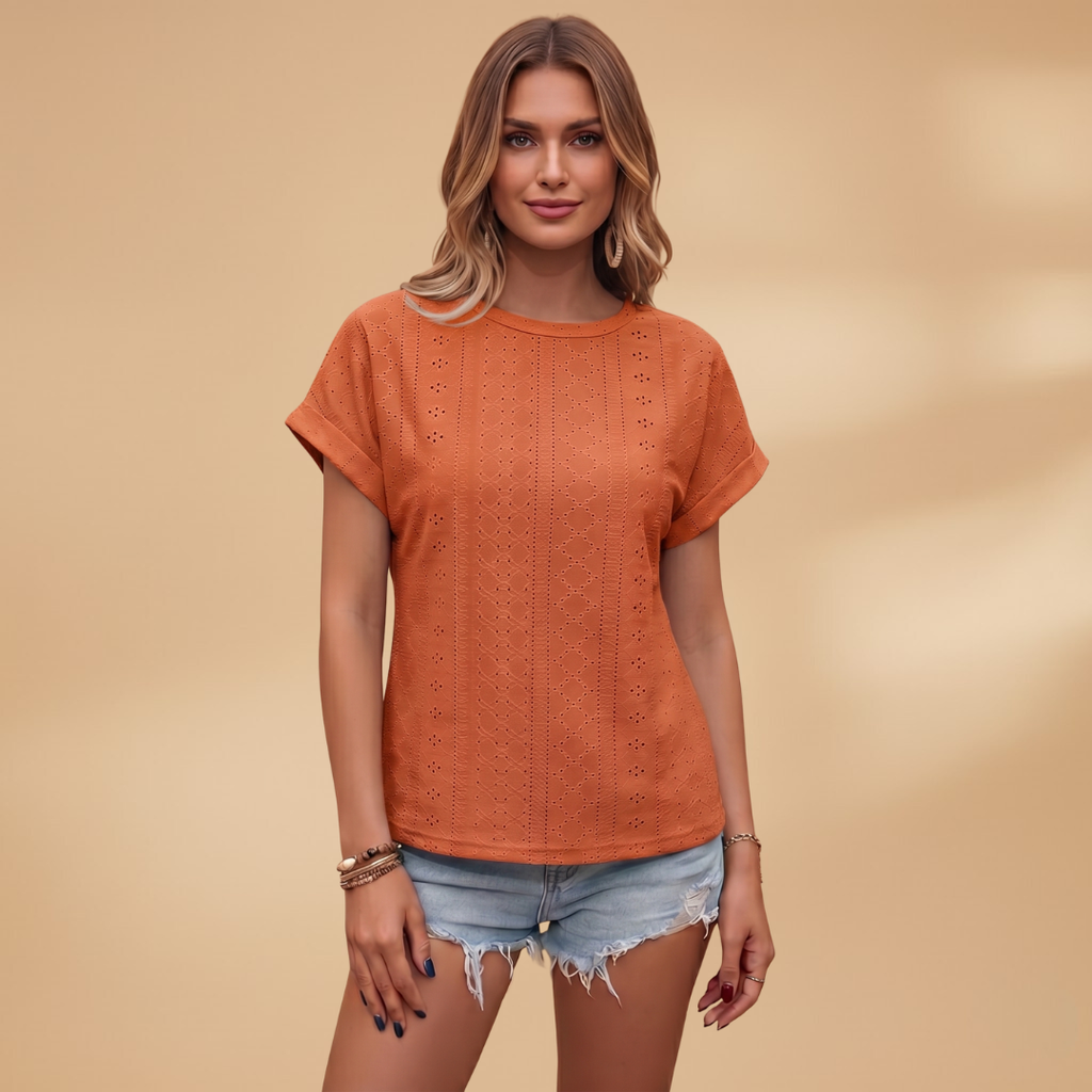 Women's T-Shirt with Eyelet Embroidery and Notched Neckline