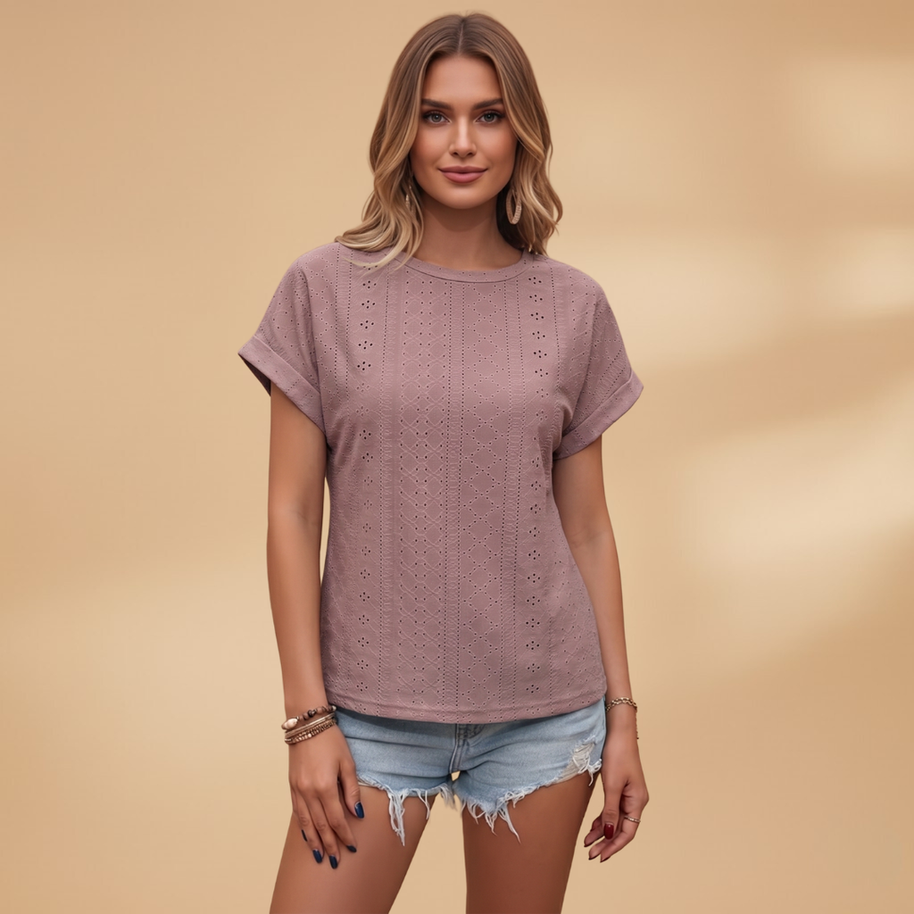 Women's T-Shirt with Eyelet Embroidery and Notched Neckline