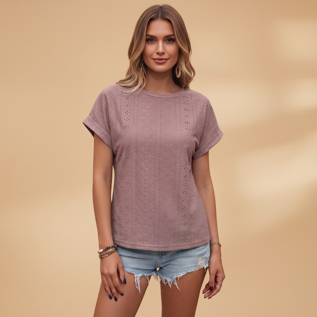 Women's T-Shirt with Eyelet Embroidery and Notched Neckline