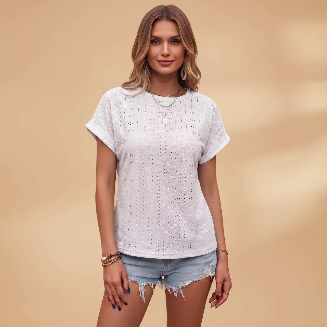 Women's T-Shirt with Eyelet Embroidery and Notched Neckline