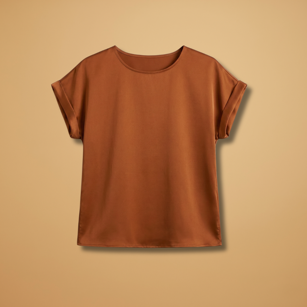 Women's T-shirt with Round Neck and Turned-Up Sleeves