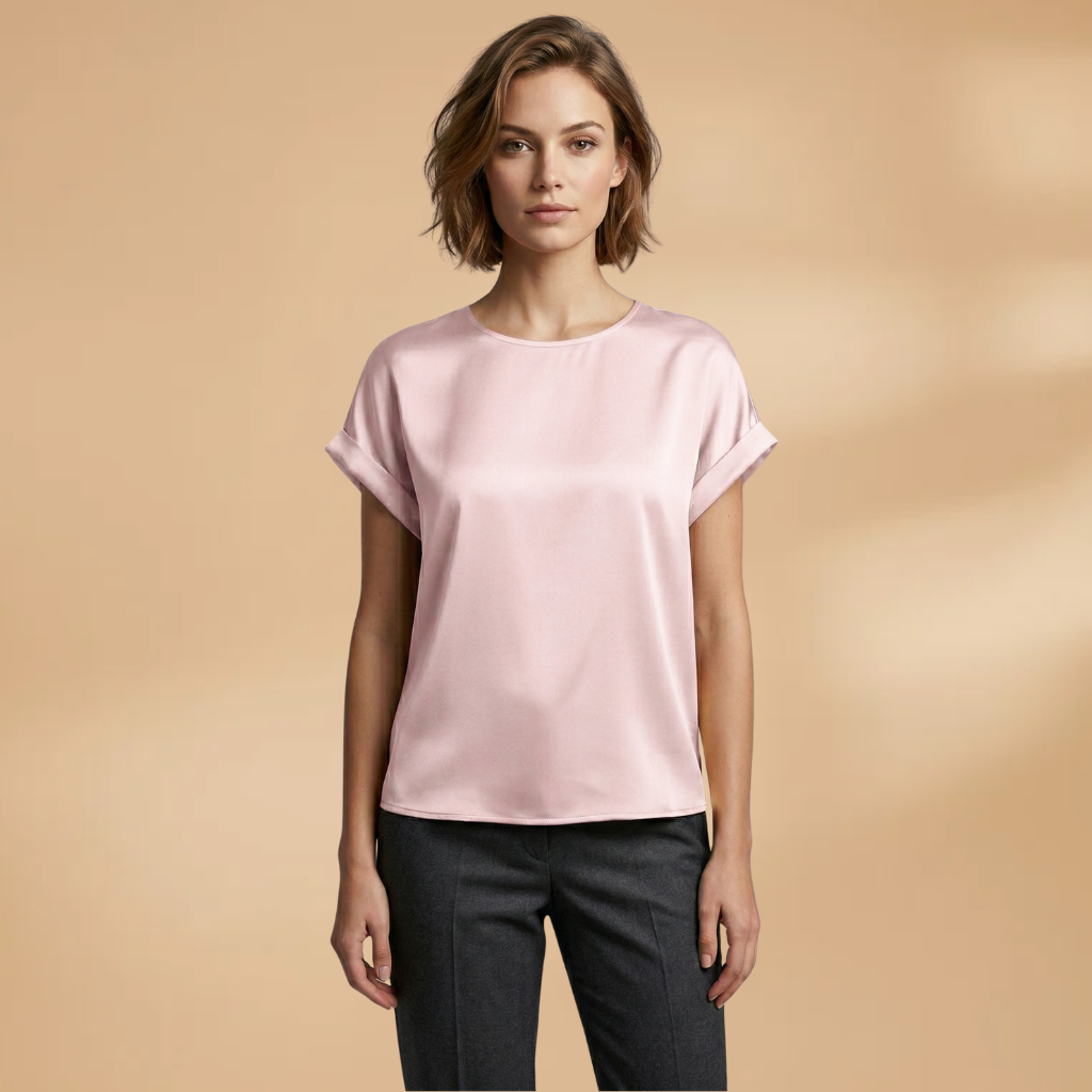 Women's T-shirt with Round Neck and Turned-Up Sleeves