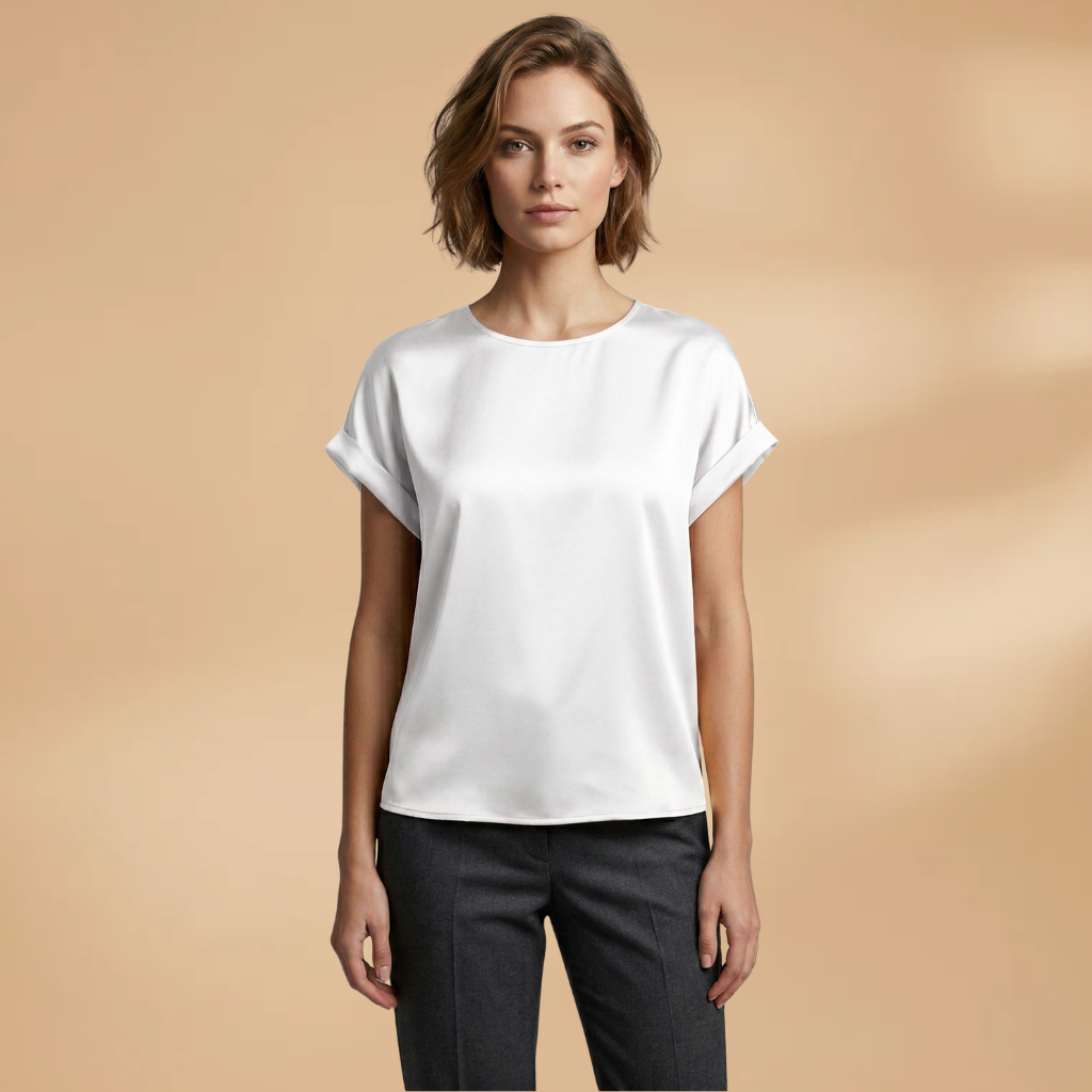 Women's T-shirt with Round Neck and Turned-Up Sleeves