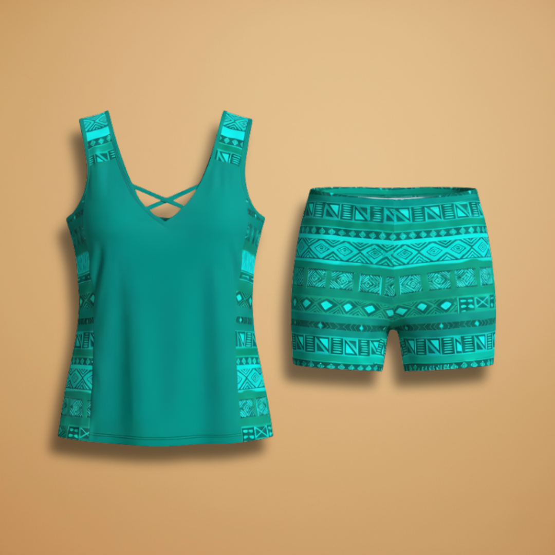 Women’s Tankini Set with Geometric Print and Adjustable Straps