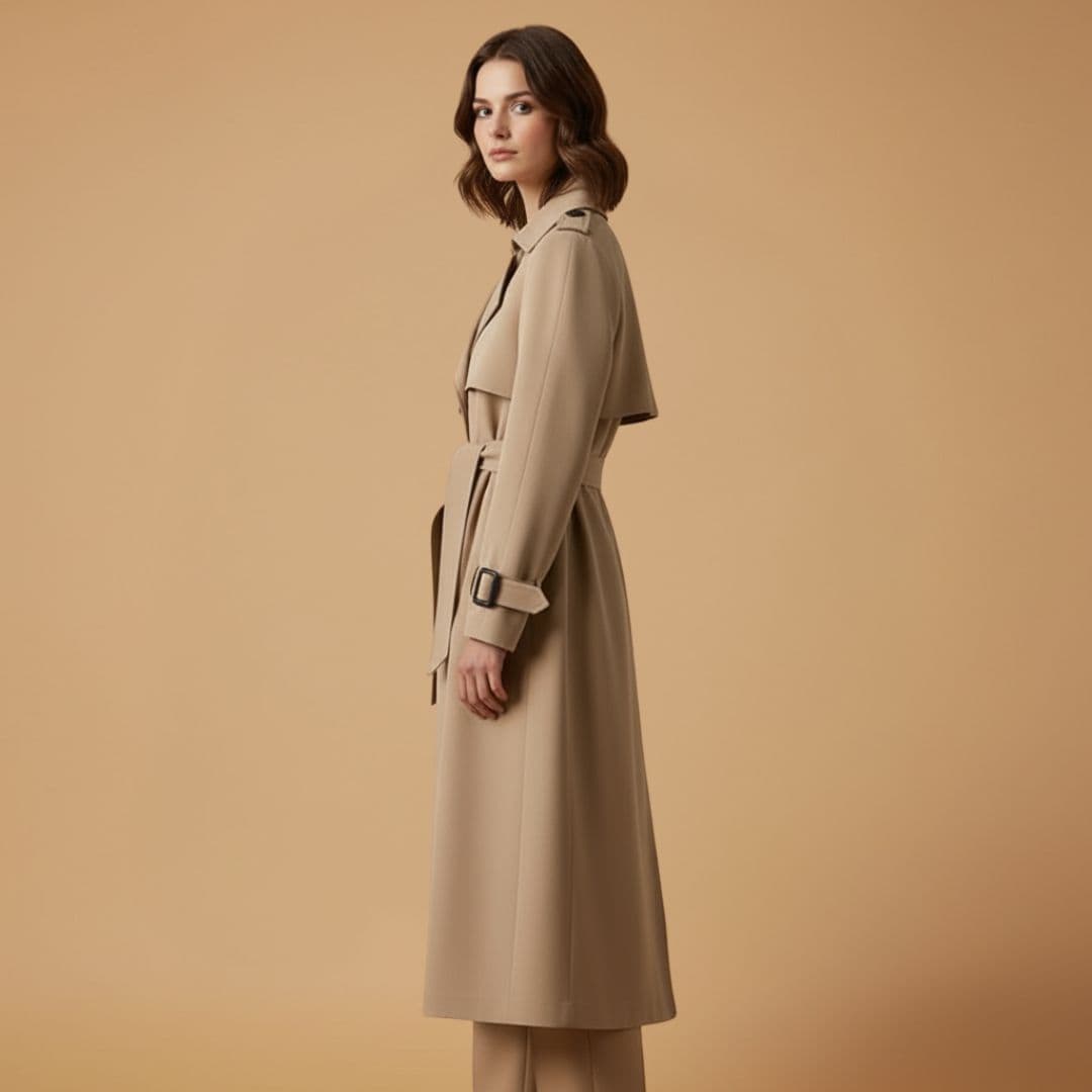 Women’s Trench Coat with Belted Waist and Button Closure