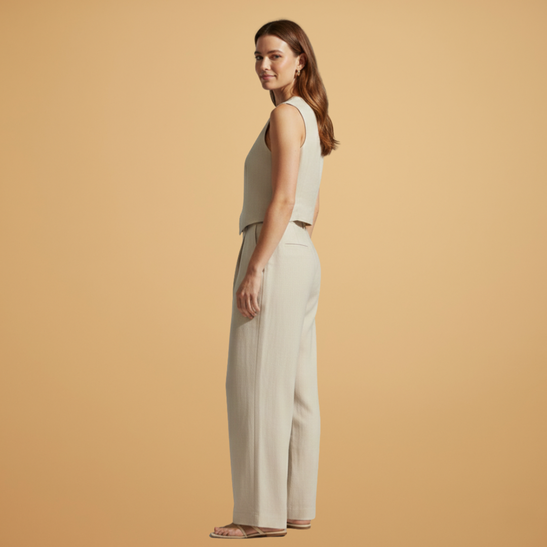 Women’s Two-Piece Set with V-Neck Top and Relaxed Trousers