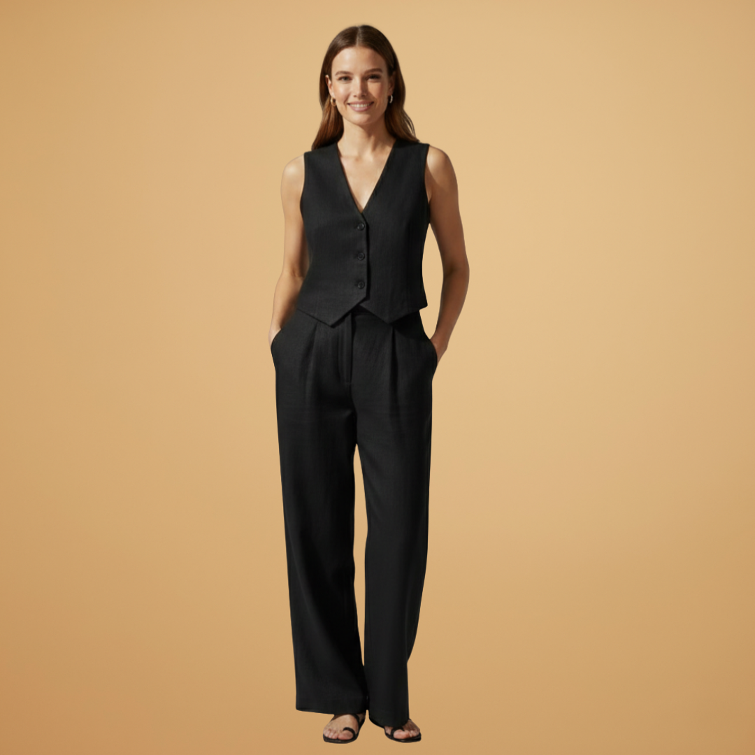 Women’s Two-Piece Set with V-Neck Top and Relaxed Trousers