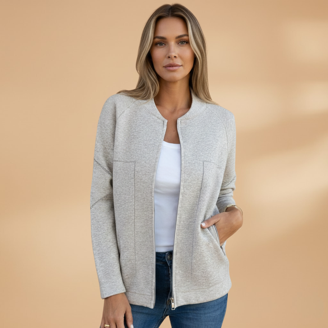 Women’s Zip Front Jacket with Collarless Bomber Shape
