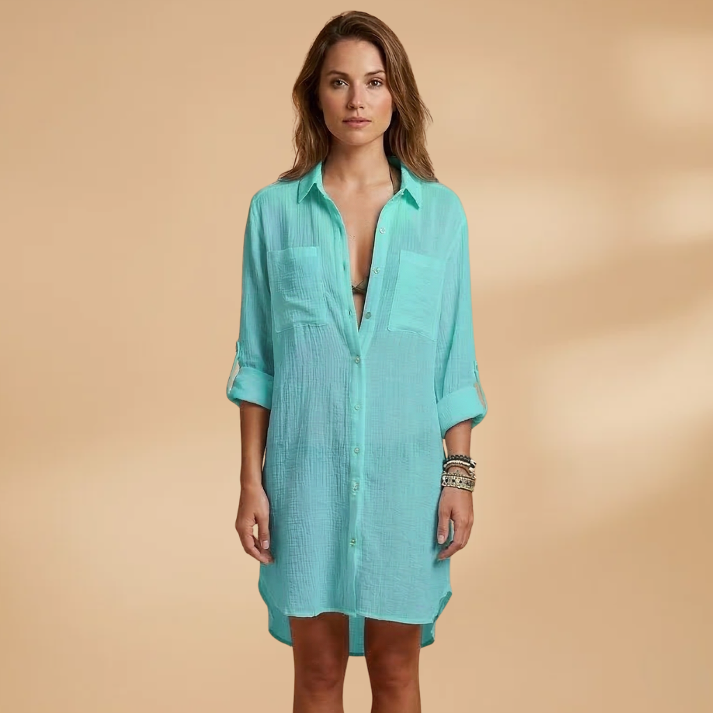 Women's Beach Dress with Collared Neckline and Button Fastening