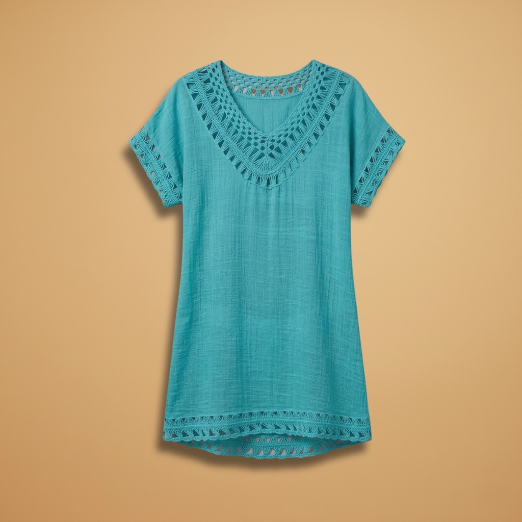 Women's Beach Dress with V-Neck and Crocheted Surface