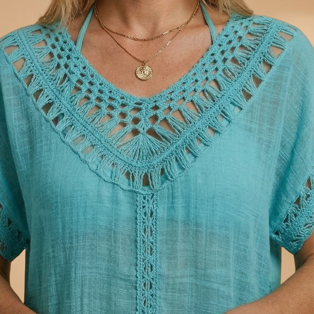 Women's Beach Dress with V-Neck and Crocheted Surface
