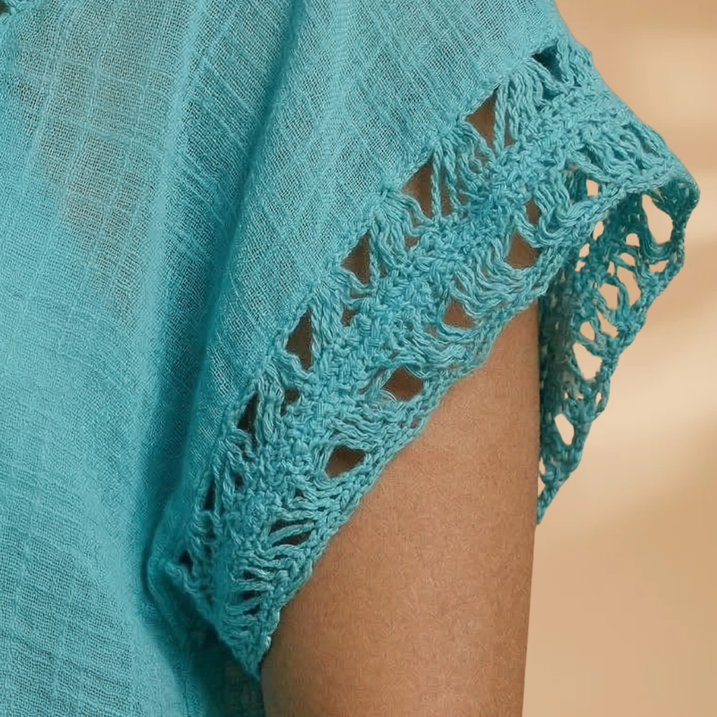 Women's Beach Dress with V-Neck and Crocheted Surface
