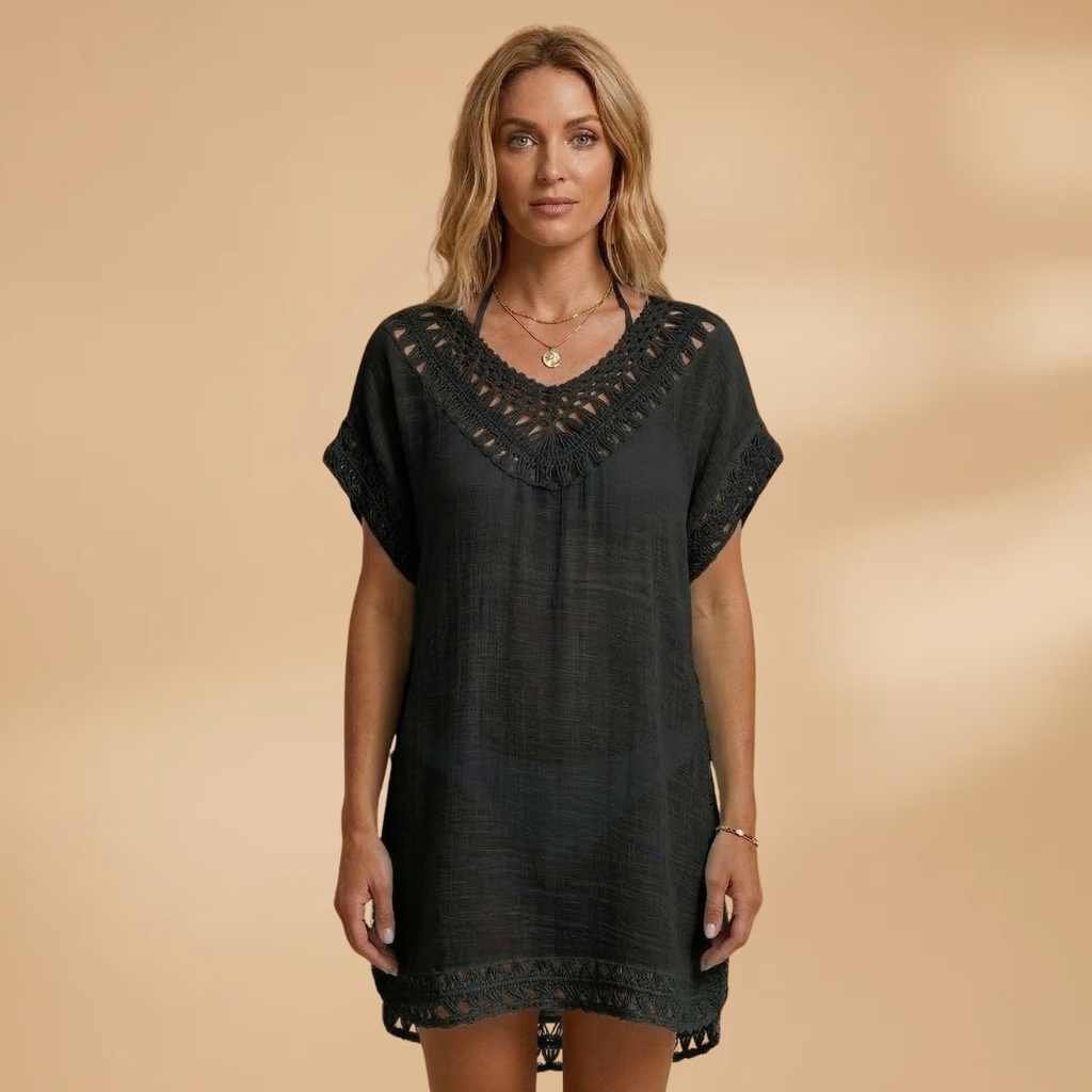 Women's Beach Dress with V-Neck and Crocheted Surface