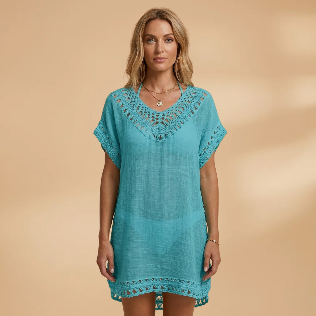 Women's Beach Dress with V-Neck and Crocheted Surface