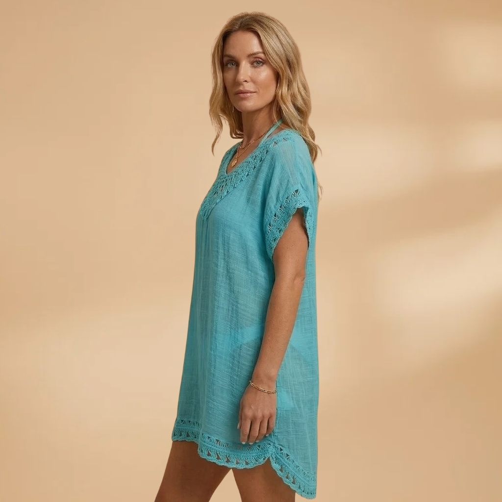 Women's Beach Dress with V-Neck and Crocheted Surface