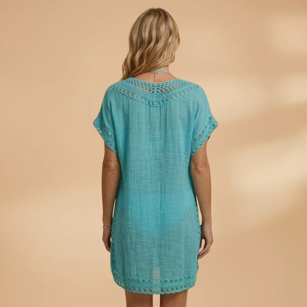 Women's Beach Dress with V-Neck and Crocheted Surface
