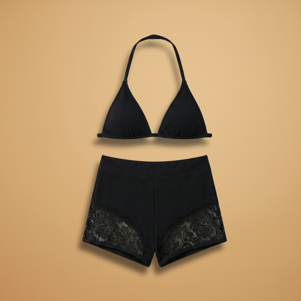 Women's Bikini Set with Halter Neck Top and Lace Trim