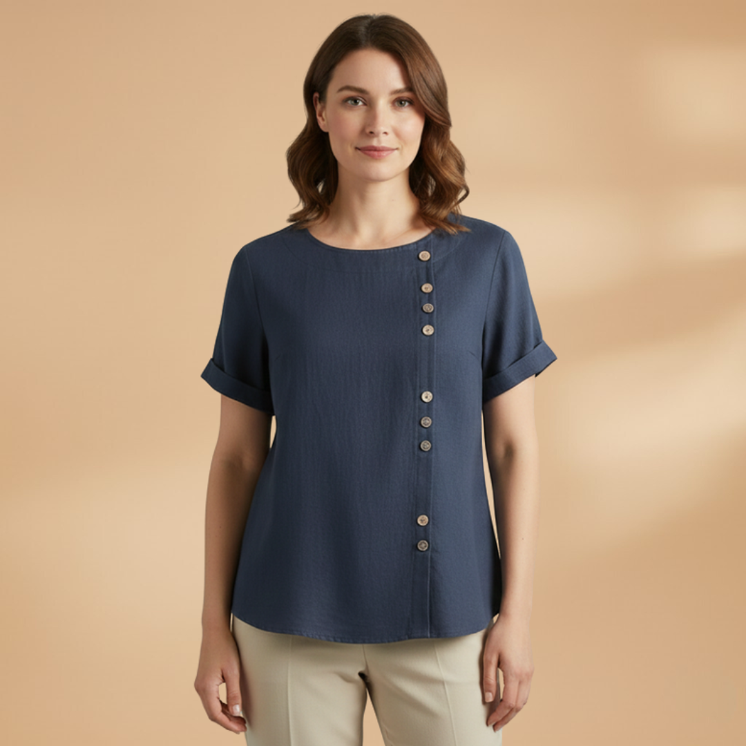Women's Blouse with Diagonal Button Fastening and Round Neck