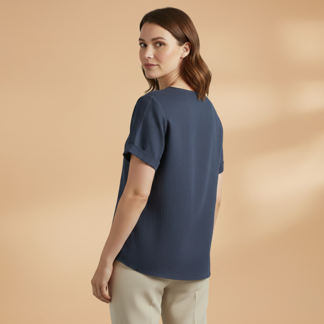 Women's Blouse with Diagonal Button Fastening and Round Neck
