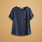 Women's Blouse with Diagonal Button Fastening and Round Neck