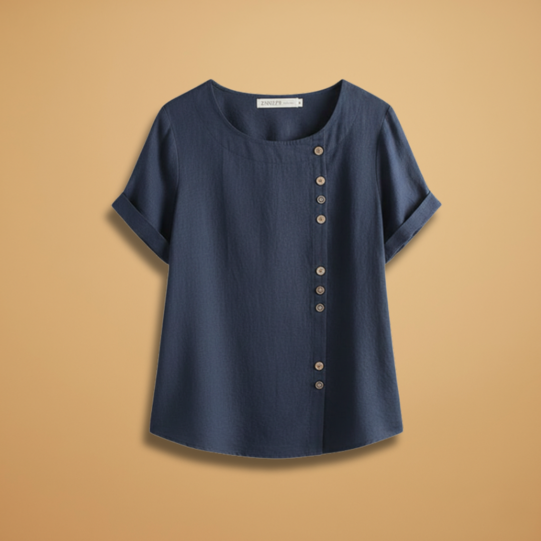 Women's Blouse with Diagonal Button Fastening and Round Neck