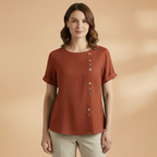 Women's Blouse with Diagonal Button Fastening and Round Neck