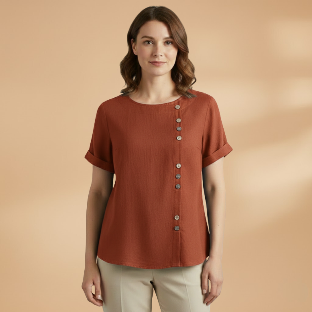 Women's Blouse with Diagonal Button Fastening and Round Neck