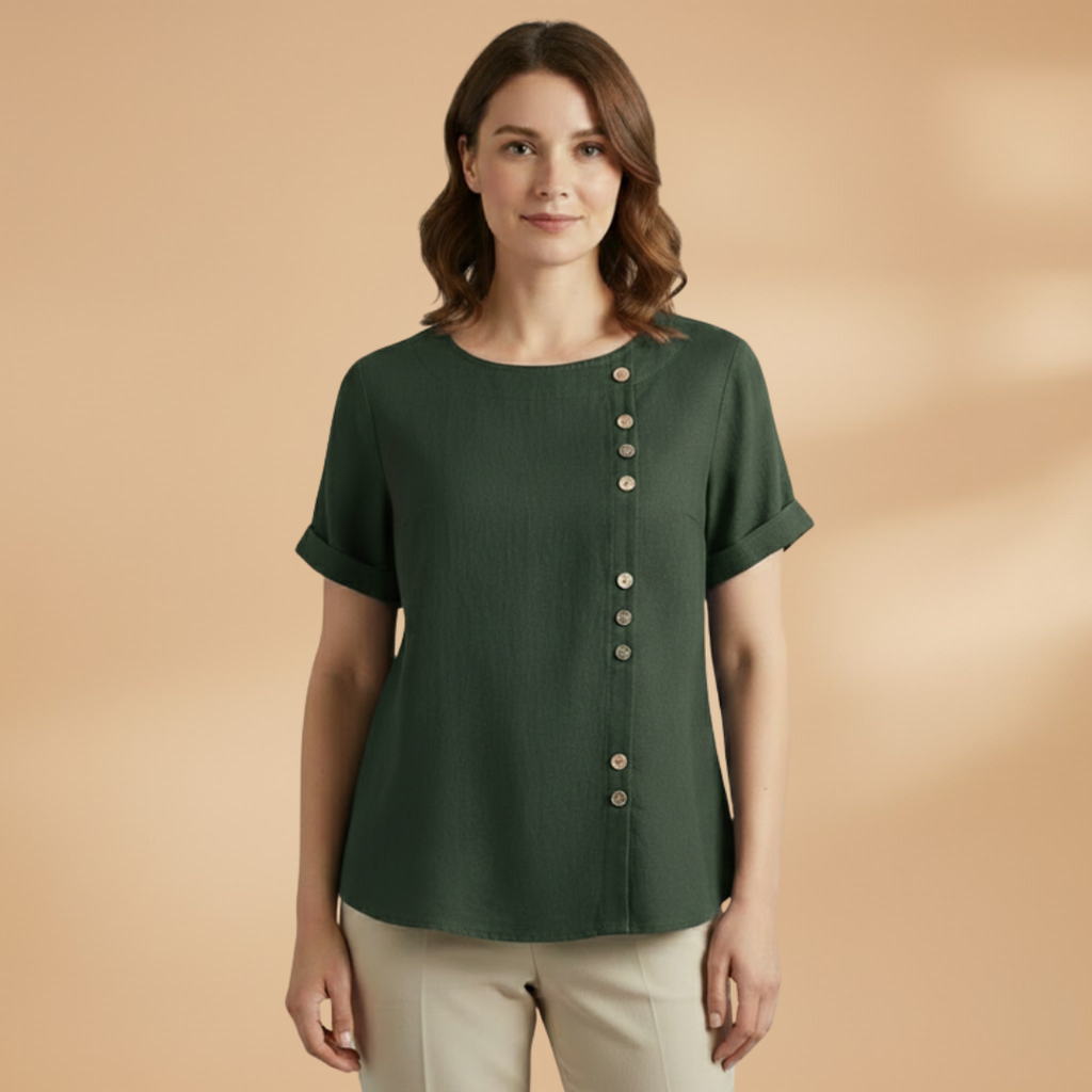 Women's Blouse with Diagonal Button Fastening and Round Neck