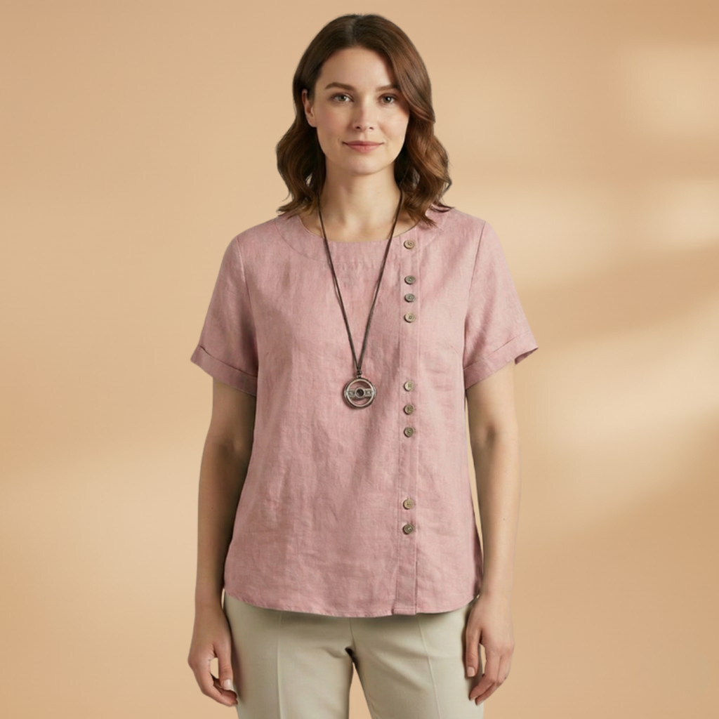 Women's Blouse with Diagonal Button Fastening and Round Neck