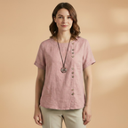 Women's Blouse with Diagonal Button Fastening and Round Neck