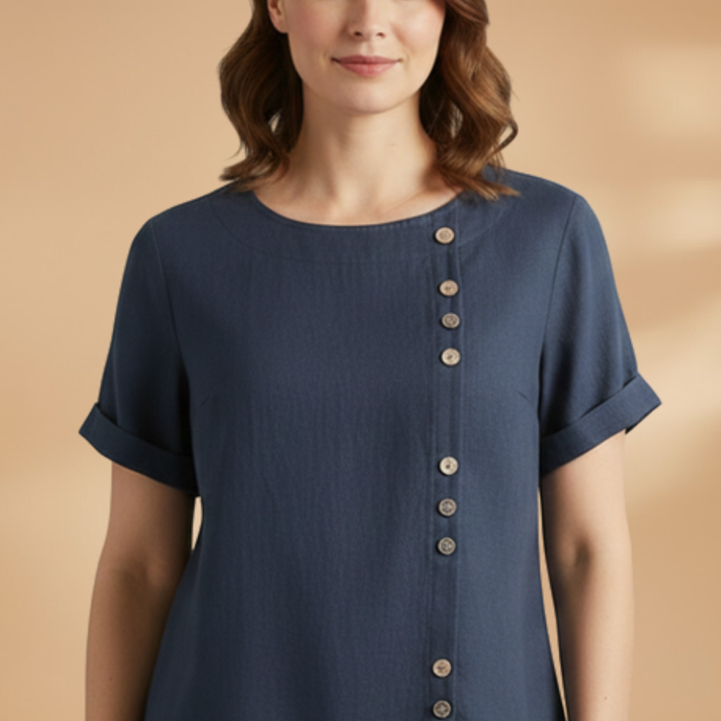 Women's Blouse with Diagonal Button Fastening and Round Neck