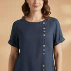 Women's Blouse with Diagonal Button Fastening and Round Neck
