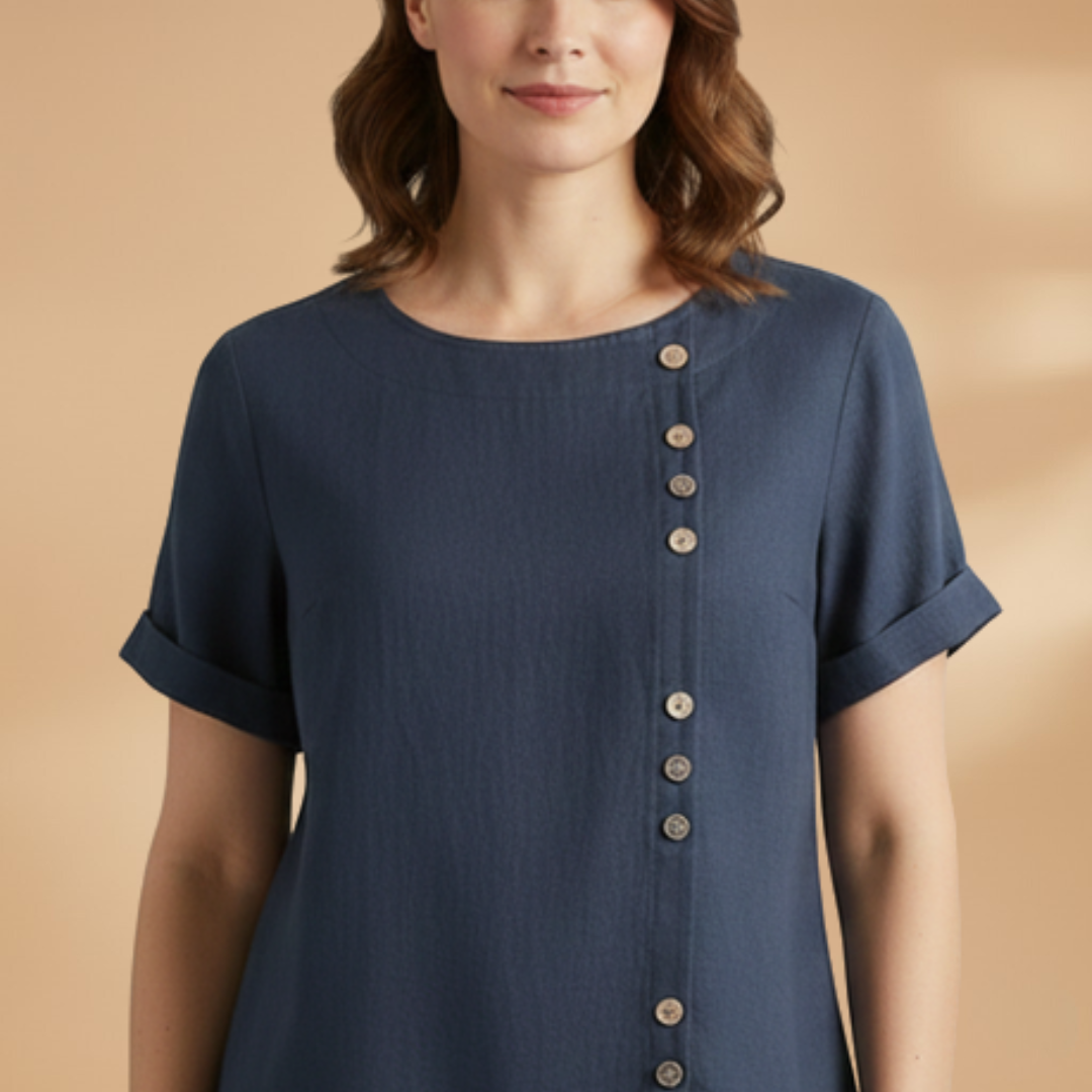 Women's Blouse with Diagonal Button Fastening and Round Neck