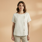 Women's Blouse with Diagonal Button Fastening and Round Neck