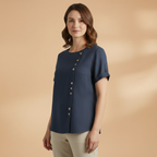 Women's Blouse with Diagonal Button Fastening and Round Neck
