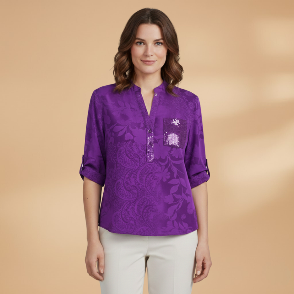 Women’s Blouse with Stand Collar and Front Pocket