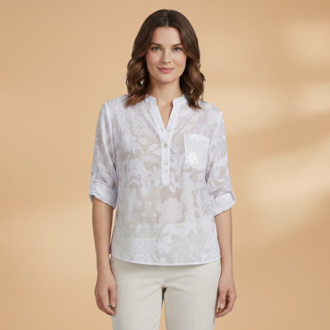 Women’s Blouse with Stand Collar and Front Pocket